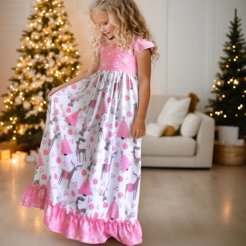 Oopsie Daisy Girls Pink Deer Lounge Play Gown Holiday Lounge Play Gown Size 7/8